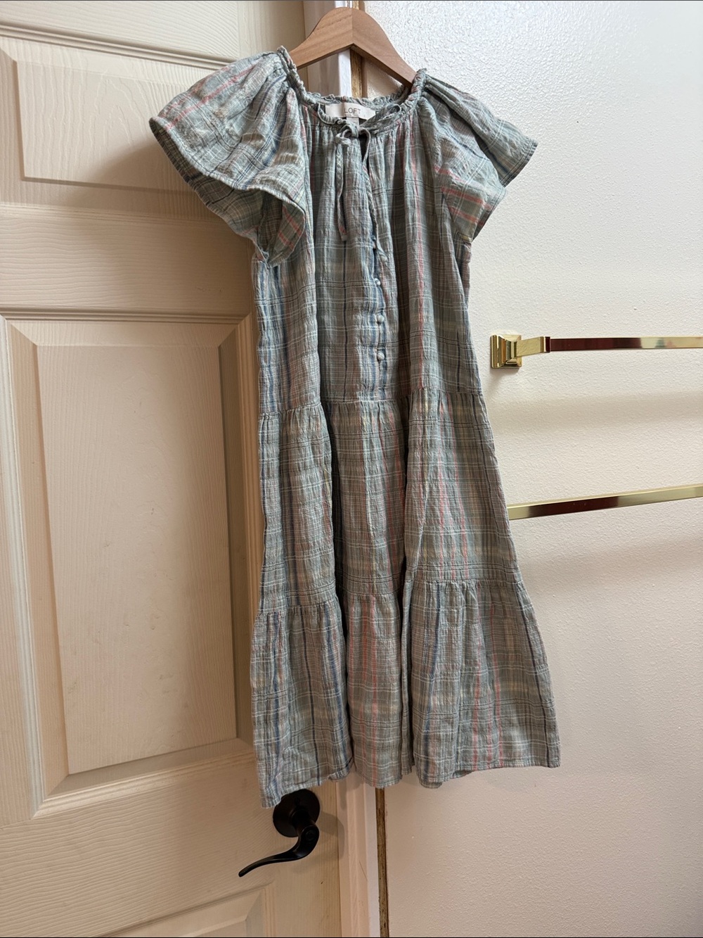 LOFT Plaid Tiered Girls' Dress in Sage Green and Soft Pink
